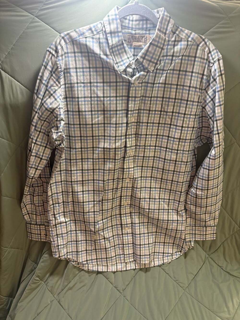 Duluth Trading Co Plaid Long Sleeve Shirt Size L Blue Green Trim Fit